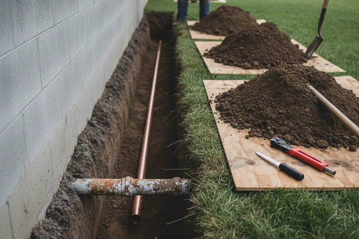 Excavated water line trench during Sewer Line Repair in Portal